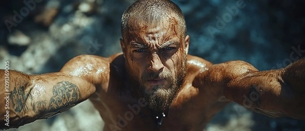 Fototapeta A muscular man with tattoos, showing determination and strength in a rugged environment.