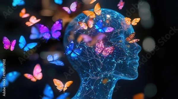 Fototapeta Translucent AI figure adorned with glowing neural pathways surrounded by colorful digital butterflies in a vibrant, ethereal setting.