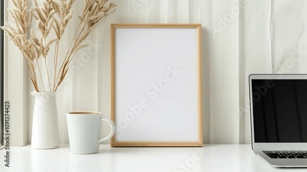 Obraz Blank frame mockup on a clean white desk with a laptop and a cup of coffee beside it