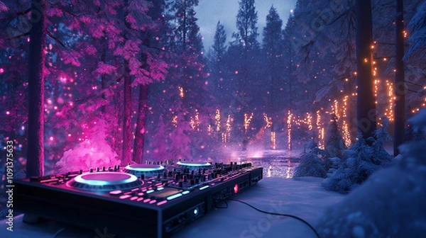 Fototapeta Snowy outdoor rave scene with a DJ and light displays in a winter forest