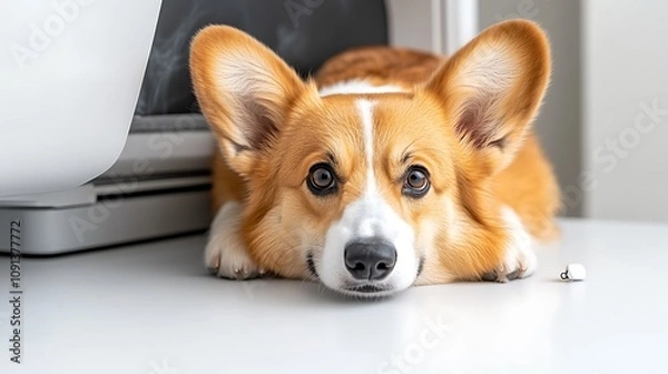 Fototapeta Cute Corgi Relaxing on a Desk Near a Printer with a Calm Expression and Large Ears, Ideal for Pet Lovers Seeking Adorable Animal Imagery for Their Projects