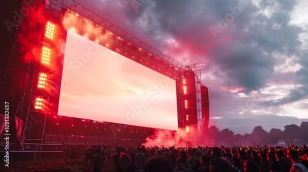 Obraz Blank billboard mockup at a music festival, with crowds of people and stage lights
