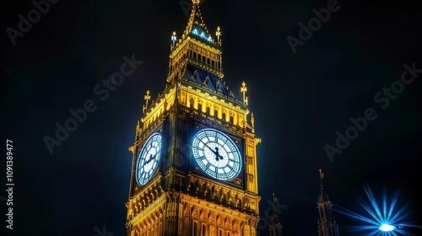 Obraz Clock tower illuminated at night, bright lights highlighting its architectural beauty against a dark sky