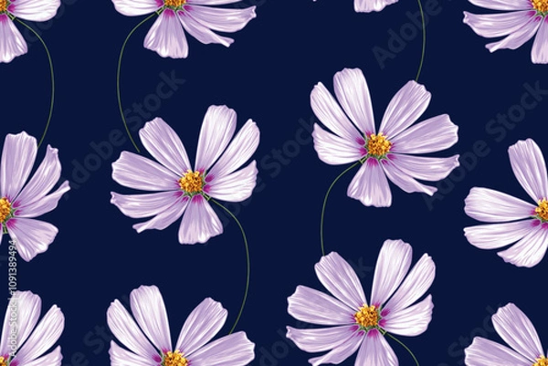 Fototapeta Cosmos flower seamless pattern abstract background.Vector illustration hand drawing. For Fabric, textiles, clothing, wallpaper, pattern print design.