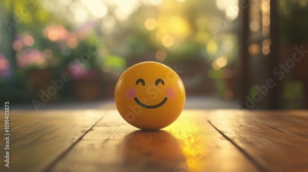 Fototapeta Happy smile face on table, good feedback rating and positive customer review, experience, satisfaction survey ,mental health assessment, child wellness, world mental health day concept, generative ai
