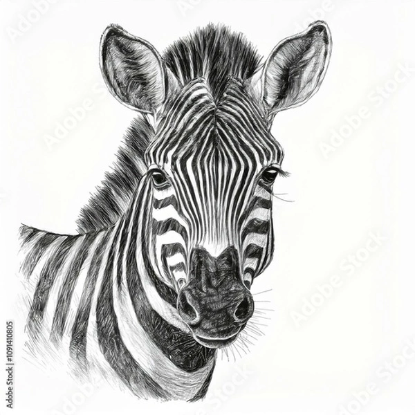 Fototapeta illustration of a black and white zebra on charcoal drawing isolated on white background
