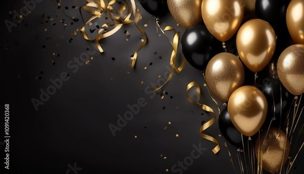Obraz black and gold balloons with golden ribbons and confetti on dark background