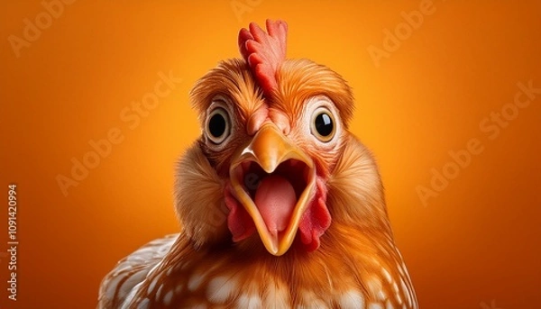 Obraz cartoonish chicken orange background surprised expression funny and quirky