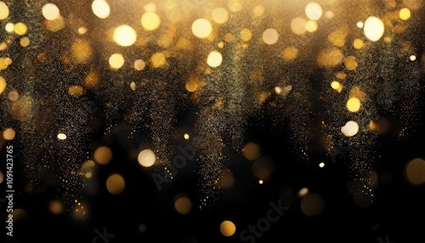 Obraz shiny golden glitter falling down on black background bokeh effect