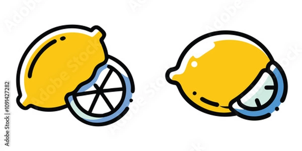 Fototapeta Bright vector illustration of yellow silhouette lemons with slices, featuring bold black outlines and a clean, minimalistic cartoon style.