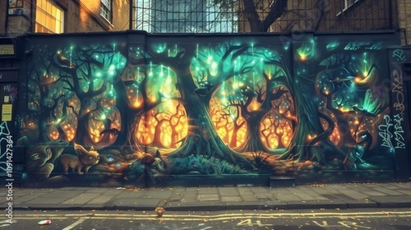 Obraz A street wall covered in graffiti of a mystical forest scene with glowing trees and animals