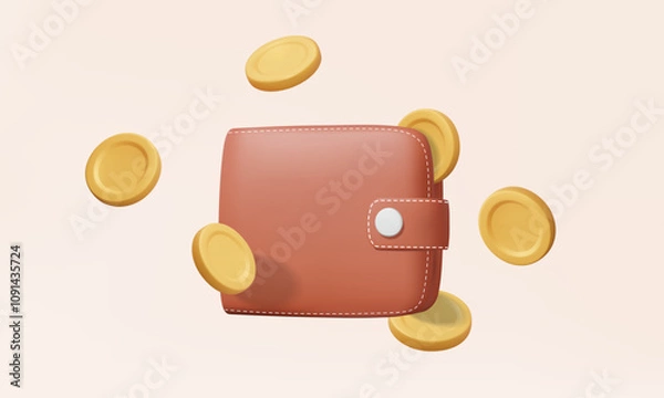 Obraz Digital wallet brown with golden coins floating into wallet cashback concept. money management income financial saving online payments, cartoon minimal on pastel background. 3d vector