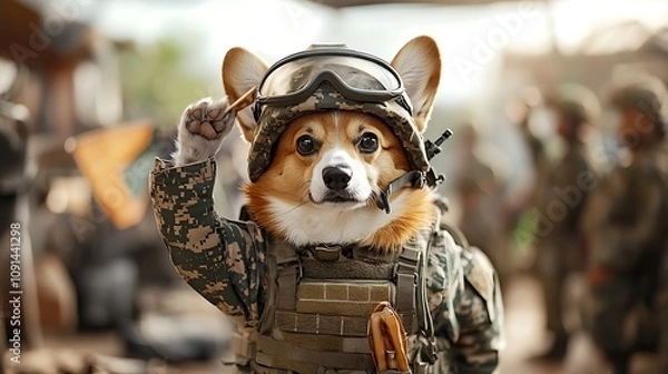 Fototapeta Military Corgi in Tactical Outfit Wearing Helmet and Goggles, Saluting with Paw, Surrounded by Soldiers and Equipment in a Camp Setting