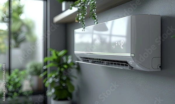 Fototapeta Wall-mounted mini split system AC offers efficient cooling and fresh air circulation in a sophisticated indoor environment. Surrounding plants enhance the serene atmosphere, promoting comfort