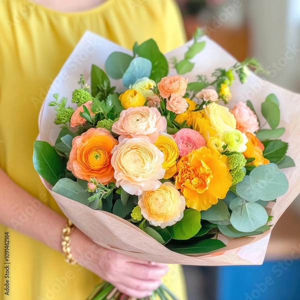 Fototapeta vibrant bouquet of yellow and orange flowers, featuring ranunculus, roses, and greenery, beautifully arranged for cheerful display. Perfect for celebrations!