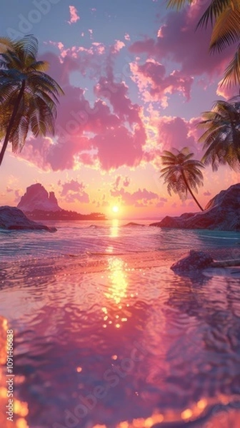 Fototapeta Tropical sunset over calm ocean. Lush palm trees frame a vibrant pink sky reflecting in the water.