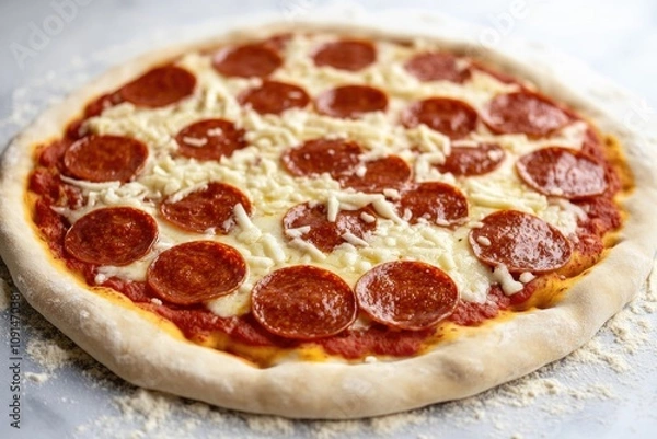 Fototapeta A single serving of pepperoni pizza sitting on a table, ready to be devoured