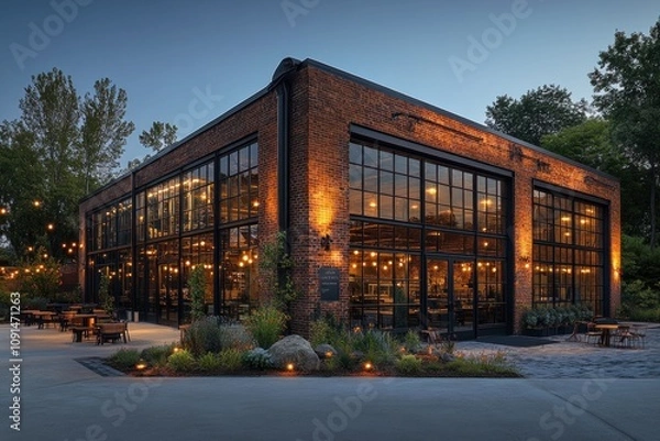 Fototapeta Modern Brick Building With Extensive Windows At Dusk