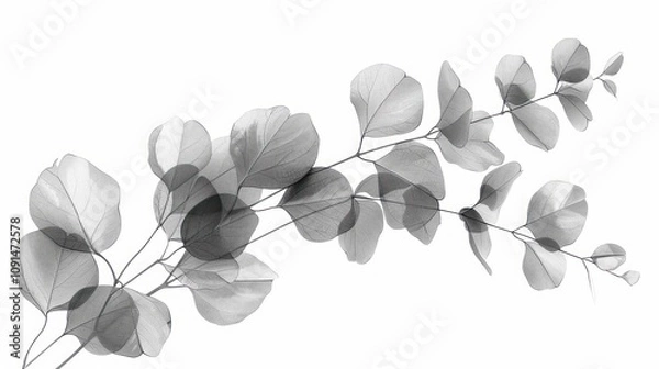 Fototapeta Abstract grayscale eucalyptus leaves and branches.  Delicate, layered, and translucent foliage.  Soft light gray tones against a pure white background.