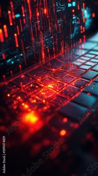 Obraz Digital glitch or system crash with glowing red data streams and circuit patterns, cybersecurity