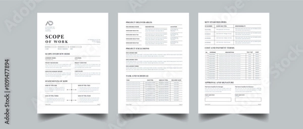 Fototapeta Scope Of Work layout design with 3 page concept design for business informational subject project