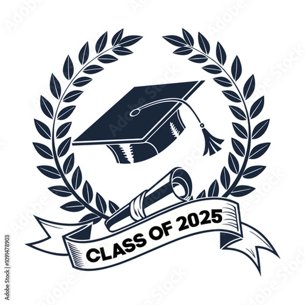 Fototapeta Graduate class of 2025 logo with diploma, laurel wreath and graduation cap vector on white background.