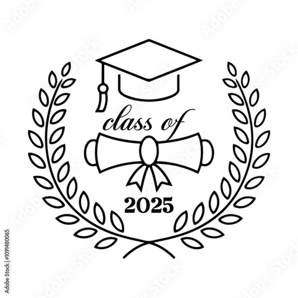 Fototapeta Graduate class of 2025 logo with diploma, laurel wreath and graduation cap vector on white background.