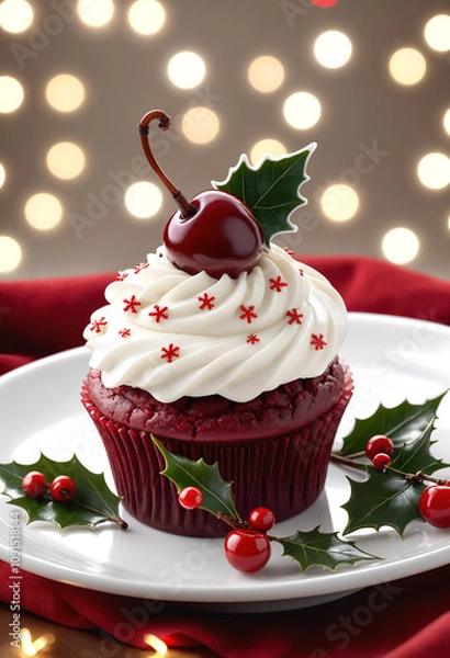 Fototapeta Red velvet cupcake with white frosting and a cherry on top surrounded by holly leaves and berries
