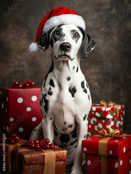 Fototapeta  Dalmatian with a Christmas hat surrounded by gift boxes with red as a main color