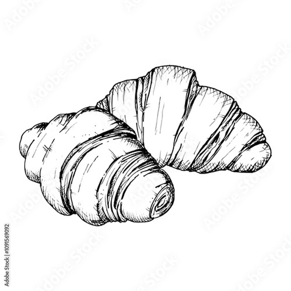 Fototapeta A detailed hand drawn sketch of croissants. Vector black and white illustration of a flaky, layered French pastry. Perfect for breakfast, bakery or food-related designs and packaging concepts.