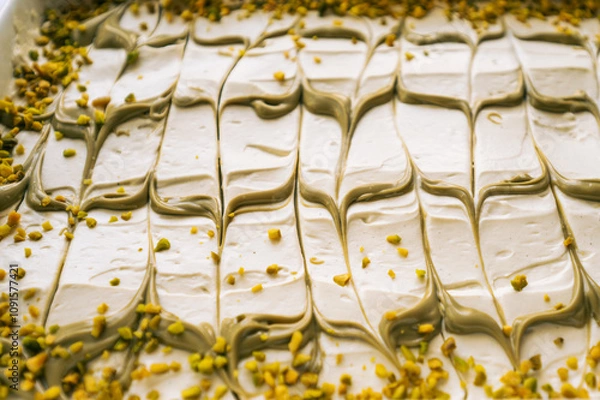 Fototapeta dekoratives Dessert. Pistazie Tiramisu mit Mascarpone, mit Muster. Wie in Dubai