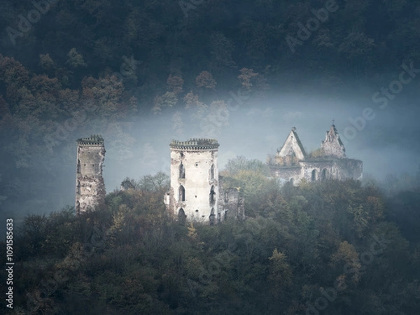 Obraz landscapes view to ruins of medieval castle  and church in foggy morning