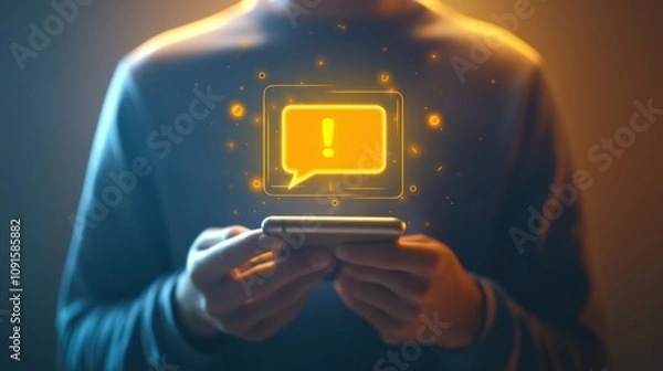 Fototapeta A person holds a smartphone with a bell icon and a cinematic icon of a living design. Yellow light shines out of the device against a dark background