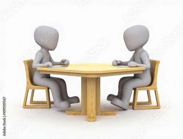 Fototapeta Two minimalistic figures sit across from each other at a round wooden table, engaged in conversation