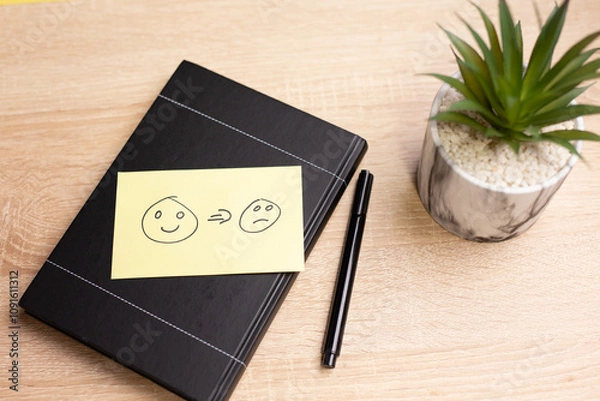 Obraz Sticky note showing mood change from happy to sad on a notebook