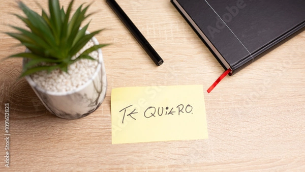 Obraz Te quiero written on sticky note, pen and notebook on desk
