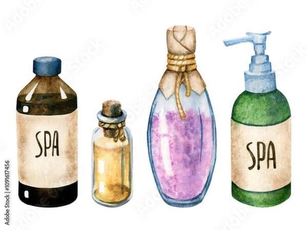 Fototapeta Watercolor hand drawn set of spa bottles isolated on a white background.