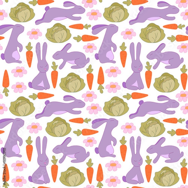 Fototapeta Seamless pattern with bunnies, flowers, carrots and cabbage. Rabbit background for kids.