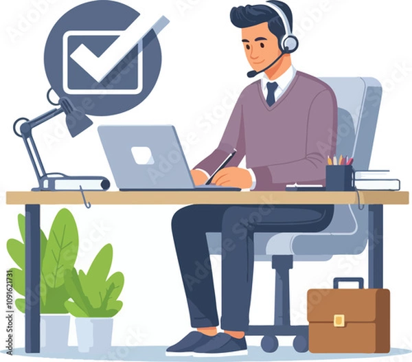 Fototapeta Flat illustration of operator of call center agent or customer service working in headphone and mic sitting at desk with laptop computer checklist and checkmark on a white background