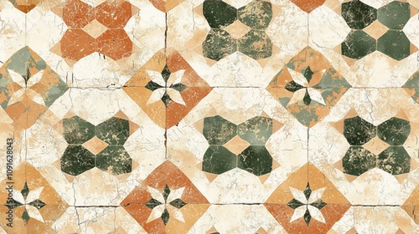 Obraz A patterned tile floor with a green and brown design