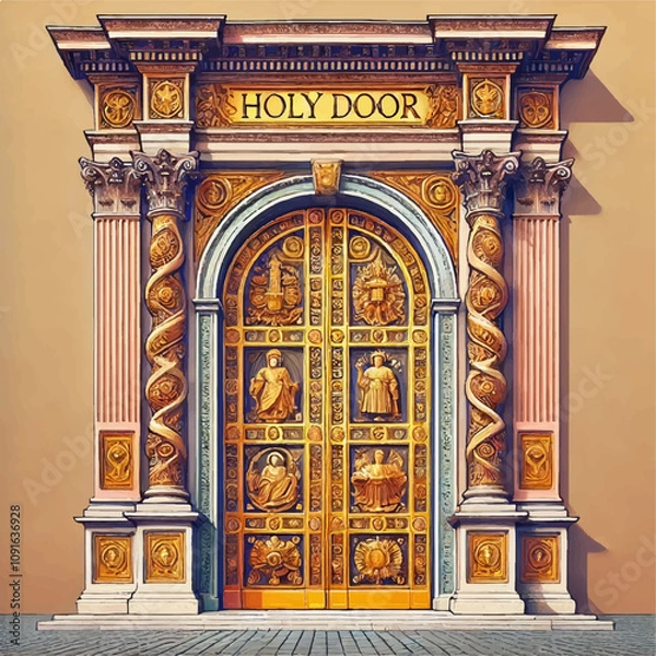 Fototapeta Detailed and vibrant illustration of the Holy Door of St. Peter's Basilica, Vatican City. Refined gold and bronze details with classical decorative elements and carved columns