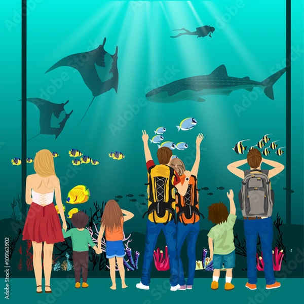 Fototapeta people watching underwater scenery with sea animals in giant oceanarium