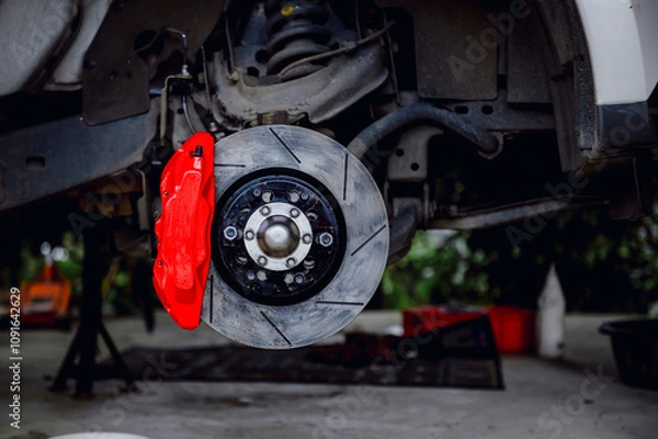 Fototapeta Large brake discs and large calipers provide better braking.The large calipers mesh properly with the discs.Car wheel and brake system.Red caliper.