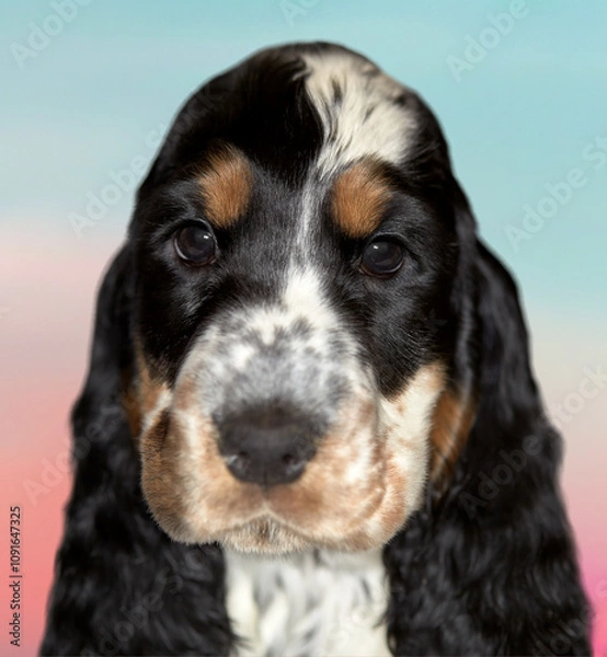Fototapeta Portrait of a purebred English Cocker Spaniel puppy. Age 2 months. Color blue-roan with tan. The dog looks into the frame. Beautiful gradient background.