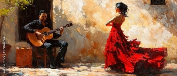 Fototapeta A vibrant oil painting depicts a passionate flamenco scene with a guitarist in black playing for a dancer in a flowing red dress against a textured golden wall. Generative AI