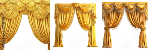 Fototapeta Set of yellow and gold curtain of performance stage isolated on a transparent background
