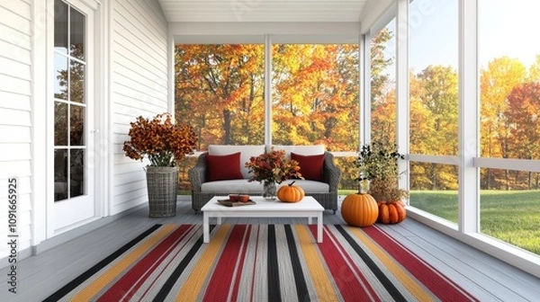 Fototapeta Cozy Fall Sunroom Autumn Decor Screened Porch Thanksgiving