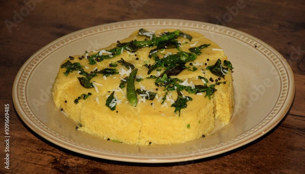 Fototapeta Side angle shot of Delicious Dhokla served on a bone china plate which is a yellow color sponge dish that is native to the Indian state of Gujarat 