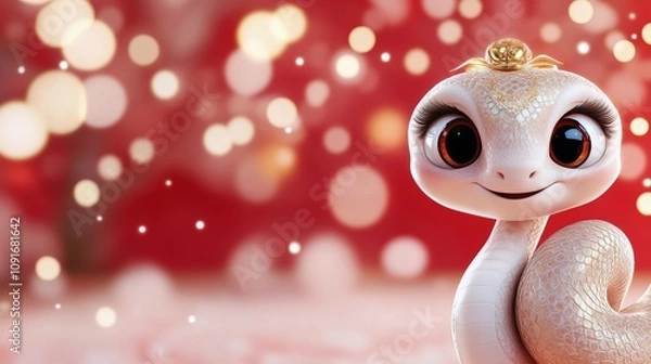 Fototapeta Charming cartoon snake with big eyes and a crown in a cherry blossom setting