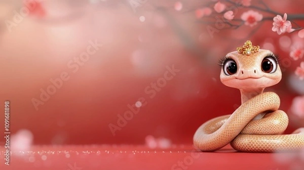 Fototapeta Charming cartoon snake with big eyes and a crown in a cherry blossom setting